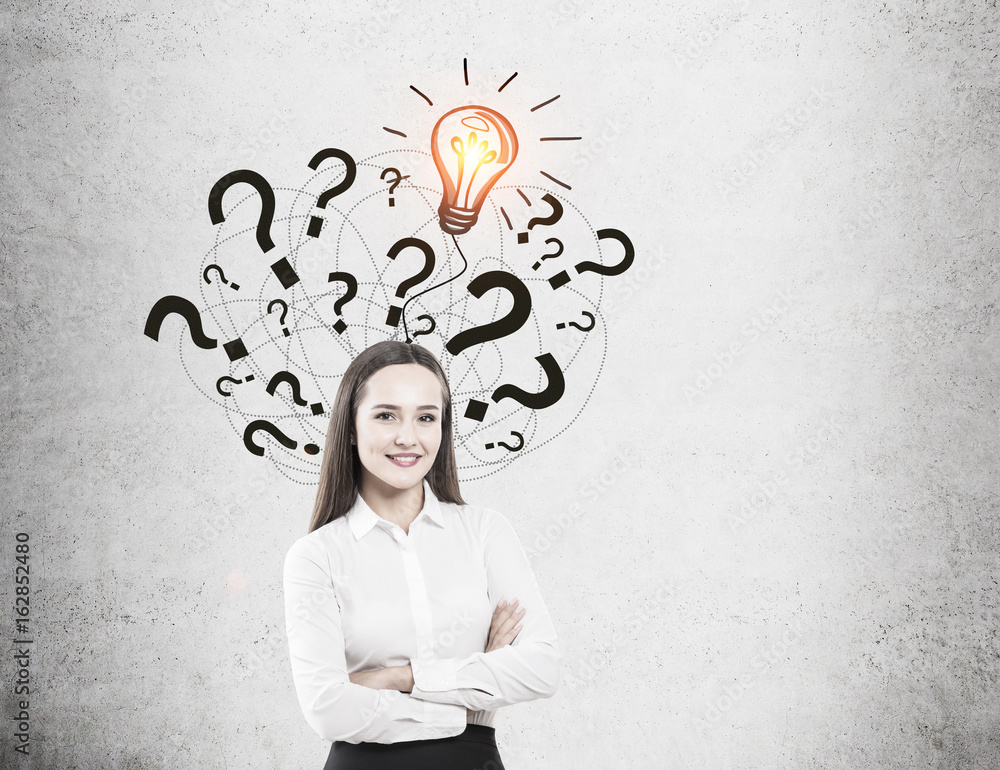 Positive young girl, questions, idea Positive young girl, questions, idea