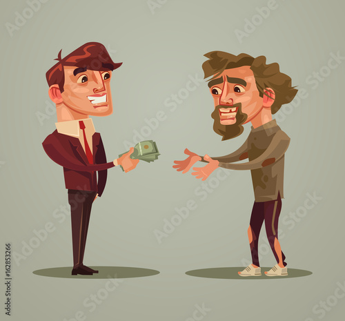 Happy smiling rich man character gives money homeless. Charity donation concept. Vector flat cartoon illustration