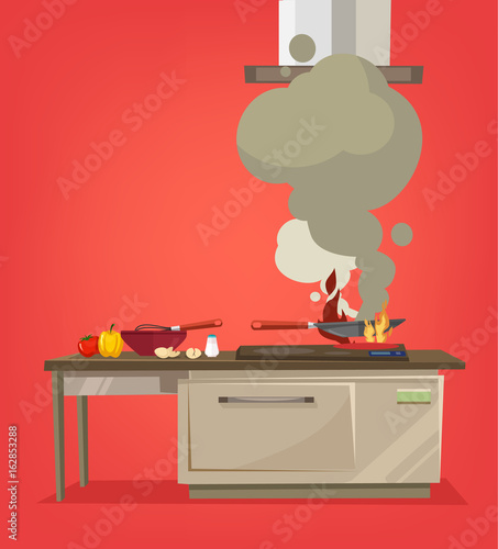 On kitchen stove burns food. Vector flat cartoon illustration