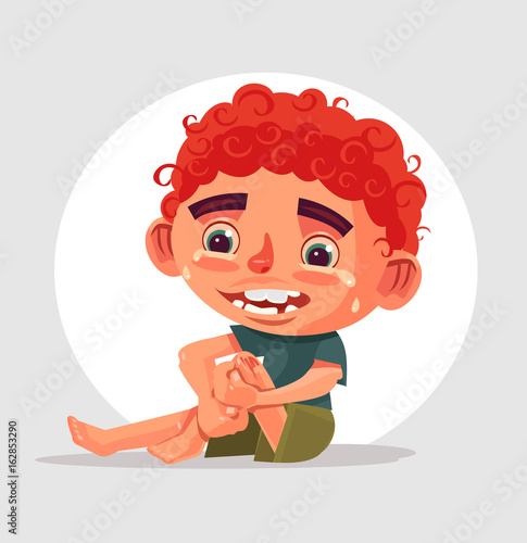 Sad crying little boy character fell and hurt his knee. Vector flat cartoon illustration
