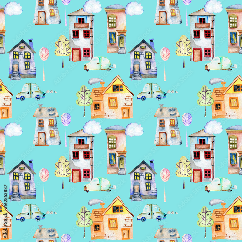 Seamless pattern with cute cartoon watercolor english houses, cars, trees and clouds, hand painted  on a bright blue background