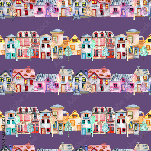 Photography Seamless pattern with cute cartoon watercolor english houses in a row and trees,