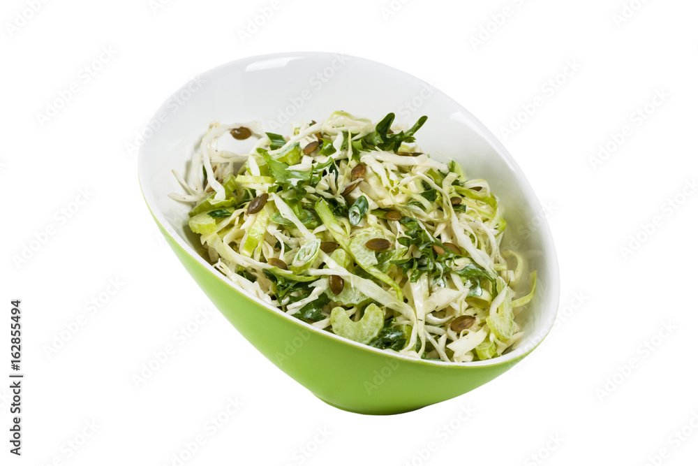 Coleslaw Cabbage Salad with Pumpkin Seeds Isolated on White background. Selective focus. Coleslaw Cabbage Salad with Pumpkin Seeds Isolated on White background. Selective focus.
