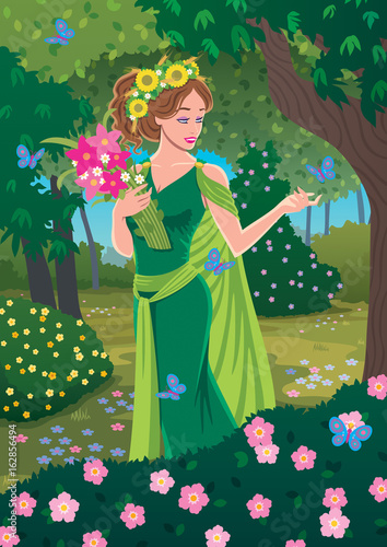Demeter / Greek goddess Demeter bringing spring in the forest. 