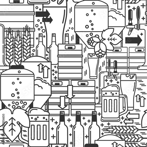 Beer kegs, bottles, equipment for brewery, hops, malt, tap, mug, glass. Vector Seamless Background. Modern linear style. Pattern under the mask.