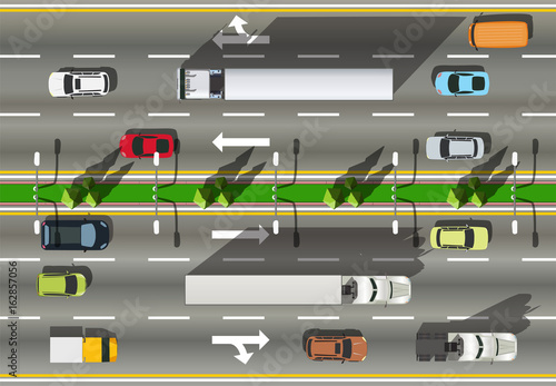 Top view road truck on speedway and traffic
