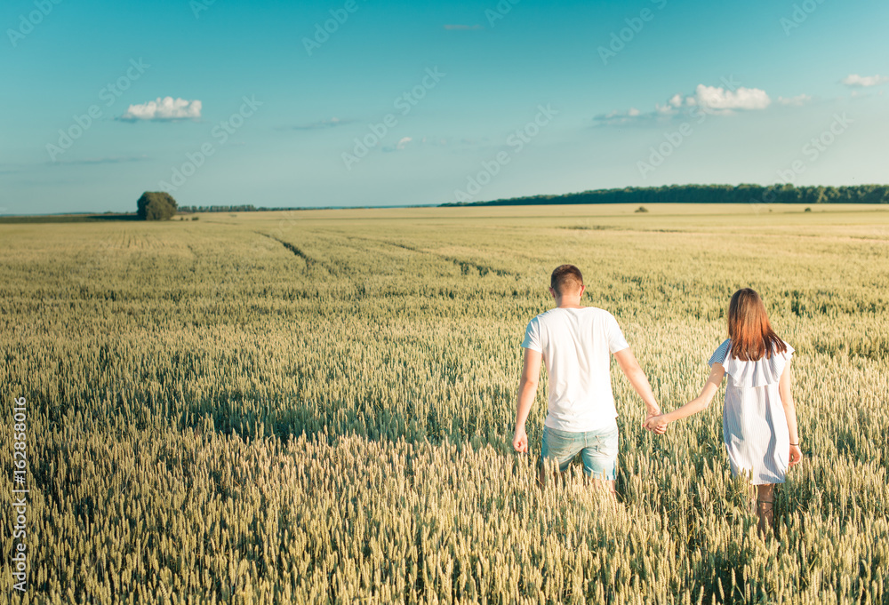 Fall in love with the field. The guy and the girl are holding hands at the talk of the sun.