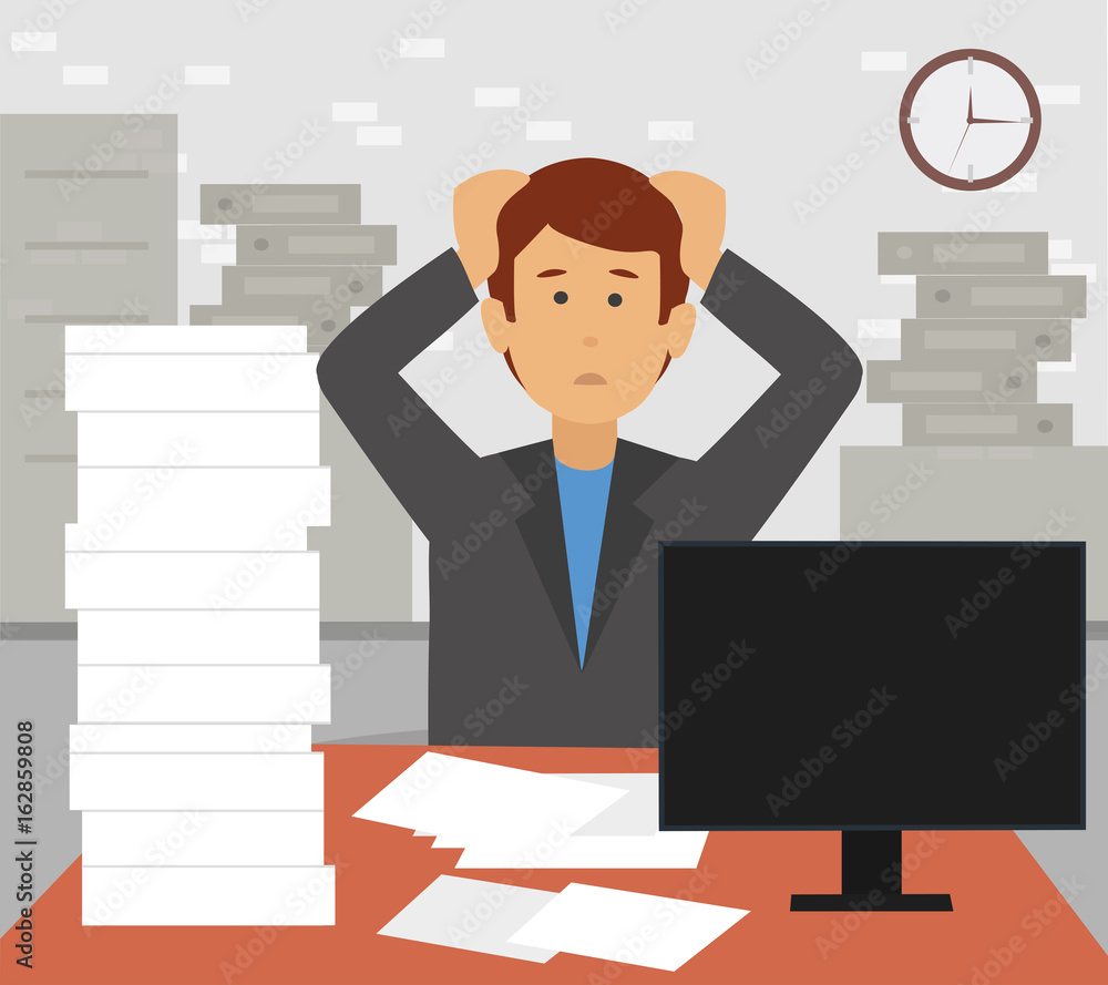 Stressed businessman in pile of office papers and documents tearing his hair out. Stress at work. Overtime and overworked. Office worker staying late at work illustration vector. Stressed businessman in pile of office papers and documents tearing his hair out. Stress at work. Overtime and overworked. Office worker staying late at work illustration vector.