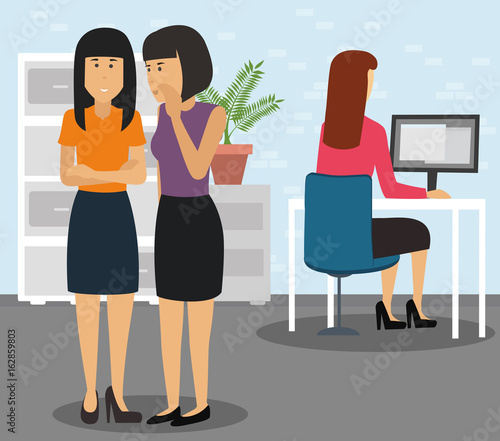 Two businesspeople bullying a colleague that is sitting in her workplace at office. Businesswoman being gossiped about by colleagues in office concept illustration vector.