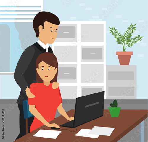 Boss touching the arm to shoulders of his secretary at office. Scared woman. Sexual harassment in workplace concept illustration vector.