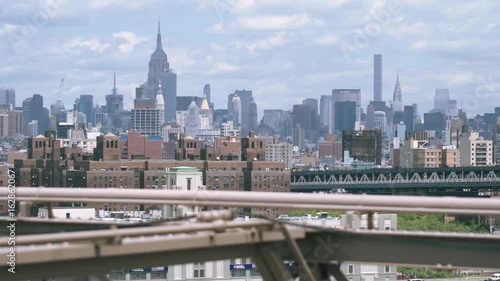 New York, view of Manhattan from Brooklyn Bridge. Dolly shot.
