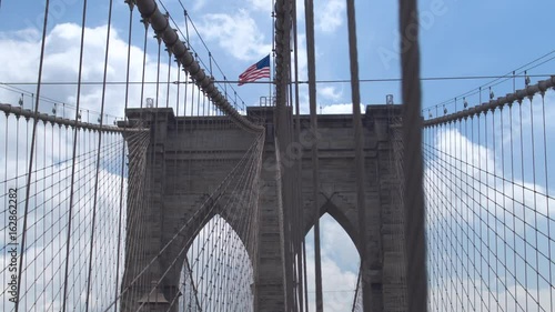 Architecture and design of New York's symbol - Brooklyn bridge. Dolly shot.
