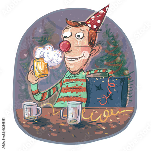 Holiday: happy clown holding a glass of beer
