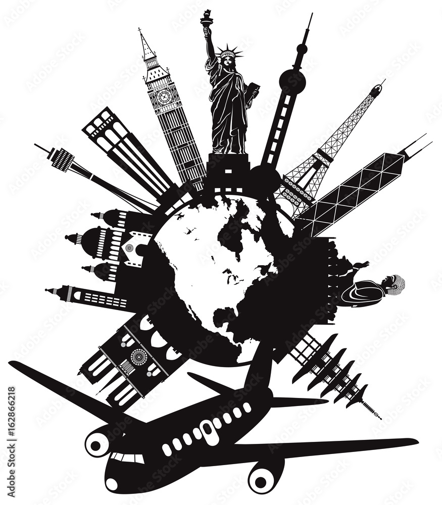 Εκτύπωση καμβά Travel Around the World by Airplane vector Illustration