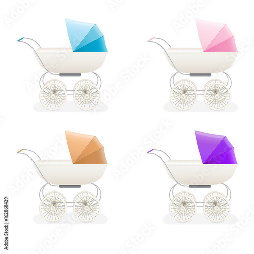 set child prams, baby carriages or strollers isolated on white background