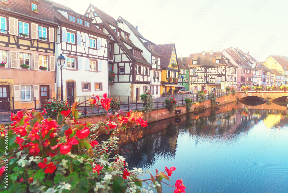 view of canal, Colmar, most famous town of Alsace, France, retro toned