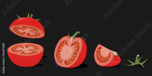 Set of  cut pieces of tomato on black background
