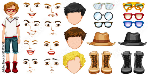 Teenage boy with different accessories and emotions