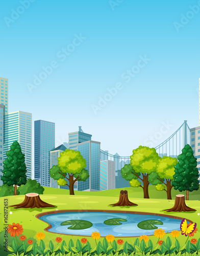 City scene with park and buildings