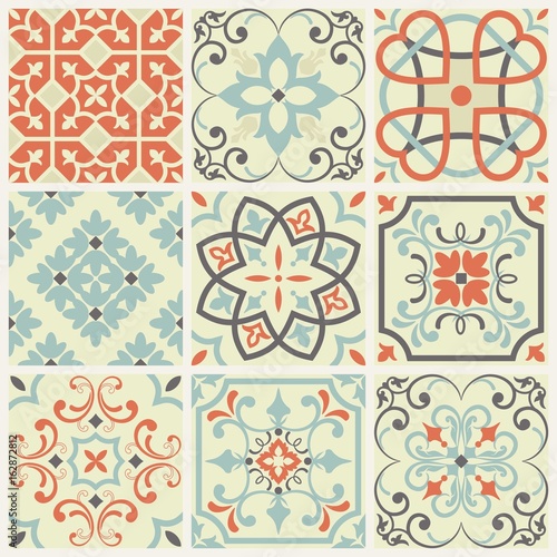 Colorful vintage ceramic tiles wall decoration. Turkish ceramic tiles wall background.