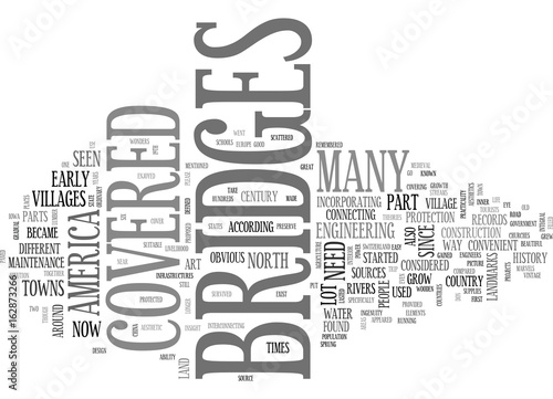 A BRIEF INSIGHT INTO COVERED BRIDGES IN AMERICA TEXT WORD CLOUD CONCEPT