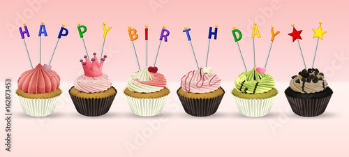 Happy Birthday card template with cupcakes