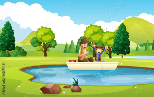 Father and son fishing in the pond