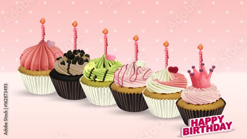 Happy birthday card with cupcakes and candles