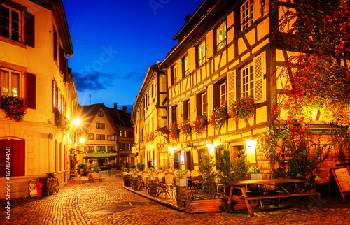 street of Petit France medieval district of Strasbourg at night  Alsace France  retro toned