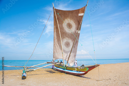 Sri Lankan traditional fishing catamarans in Negombo, Sri Lanka. Negombo is known for its centuries old fishing industry & long sandy beaches