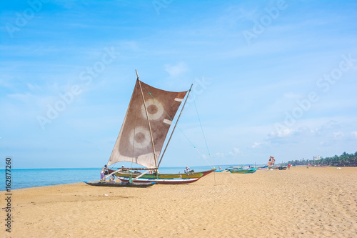 Sri Lankan traditional fishing catamarans in Negombo, Sri Lanka. Negombo is known for its centuries old fishing industry & long sandy beaches
