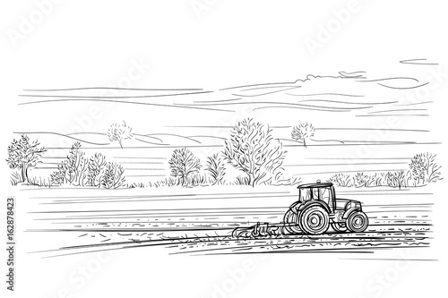 Tractor working in field illustration. Vector.