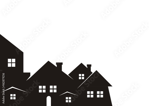 City, black silhouette. Vector icon. Group of houses with smokestack, windows and door. © janista