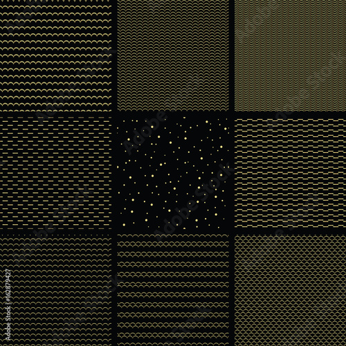 Set of geometric line gold abstract seamless pattern with wave, strip and dot