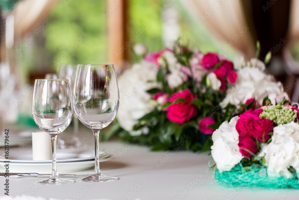 serving on the table, glasses serving on the table, glasses