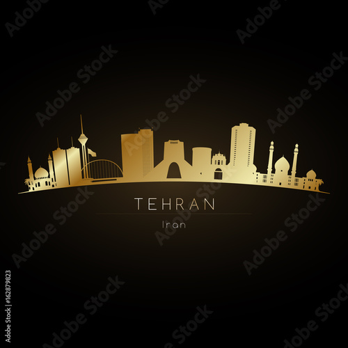Golden logo Tehran UAE city skyline. Vector silhouette illustration.