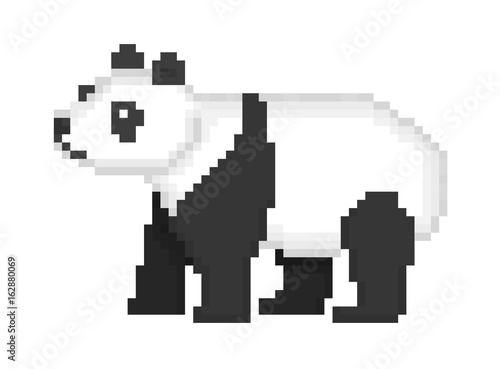 Old school 8 bit pixel art black and white giant banda bear standing on the ground isolated on white background. Chinese endangered species symbol. Wildlife animal icon. Retro video/pc game character.