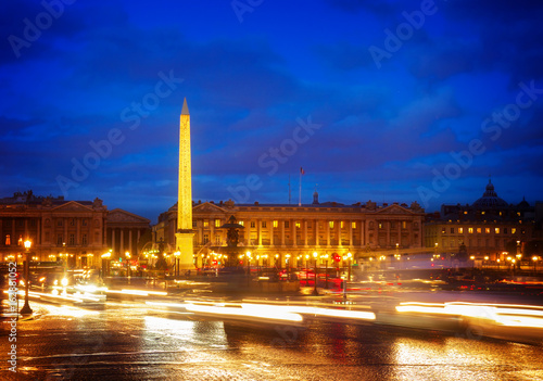 Eiffel Tower and The Obelisk from Place de la Concorde at night  Paris  France  retro toned