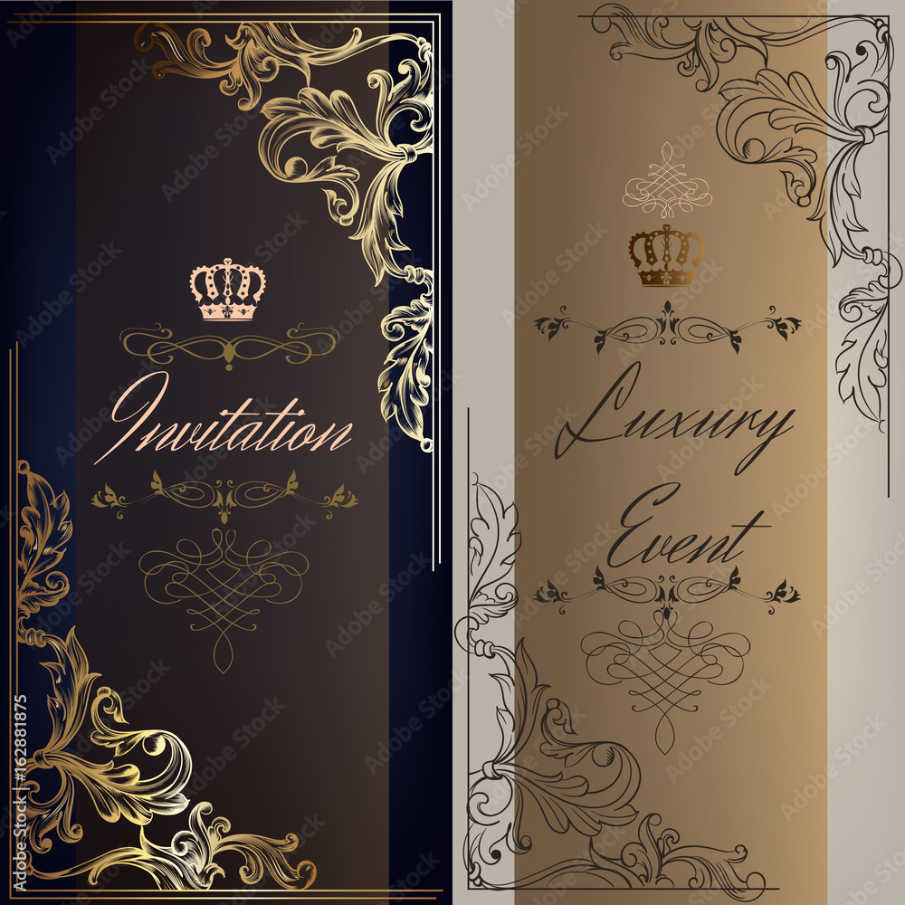 Collection of elegant and luxury invitation cards with swirls, crowns in gold
