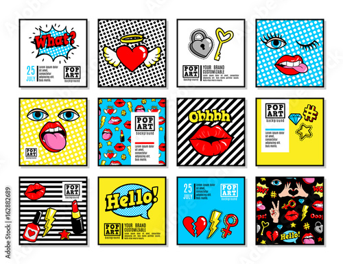 Vector cards and banners in 80s-90s comic style.