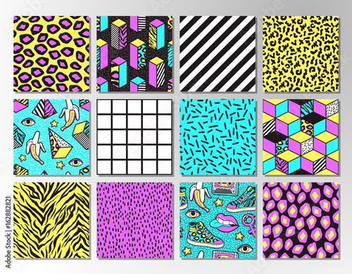 Set of seamless patterns in 80s-90s memphis style.