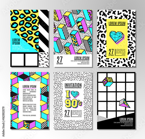 Set of cards and banners in 80s-90s memphis style.
