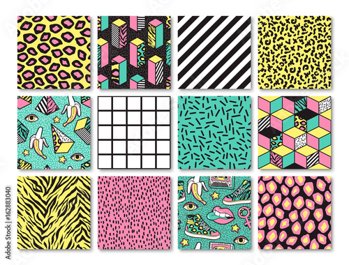 Set of seamless patterns in 80s-90s memphis style.