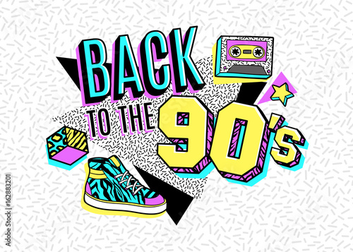 Poster in 80s-90s memphis style.