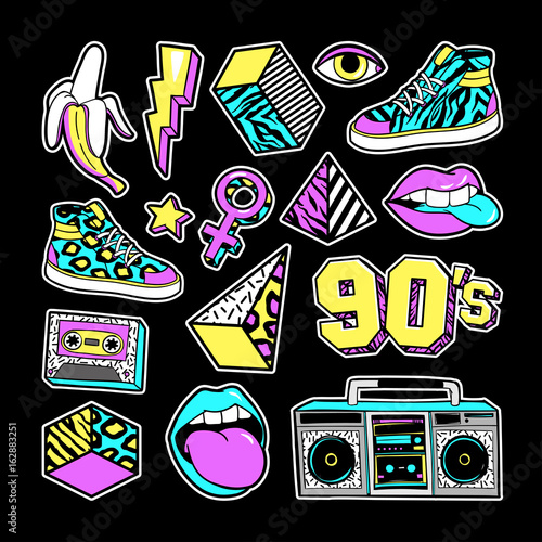 Fashion patches in in 80s-90s memphis style.