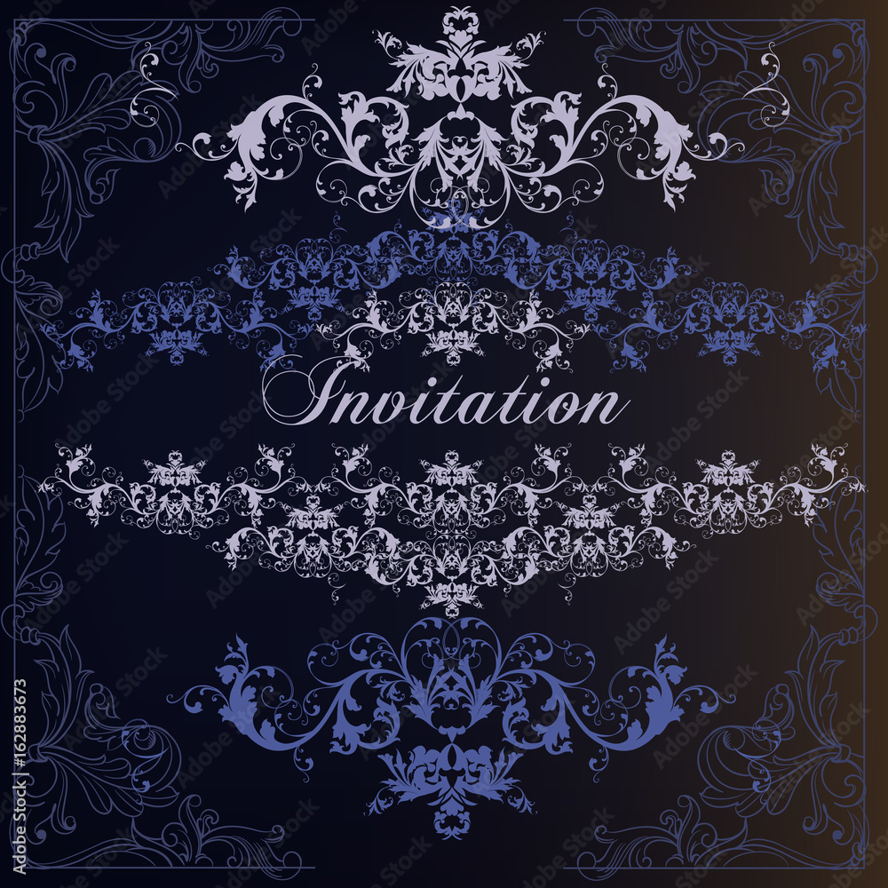 Elegant and luxury invitation card with swirls in blue color