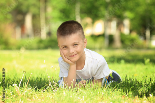 Cute little boy lying on gr...