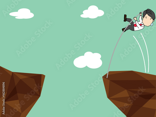 Businessman pole vault height cross cliff
