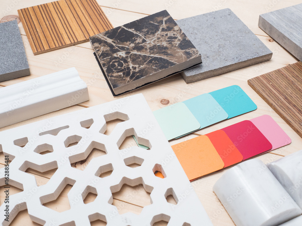 Samples of material, wood , color , on wooden table.Interior design select material for idea.Interior design select material for idea. Samples of material, wood , color , on wooden table.Interior design select material for idea.Interior design select material for idea.