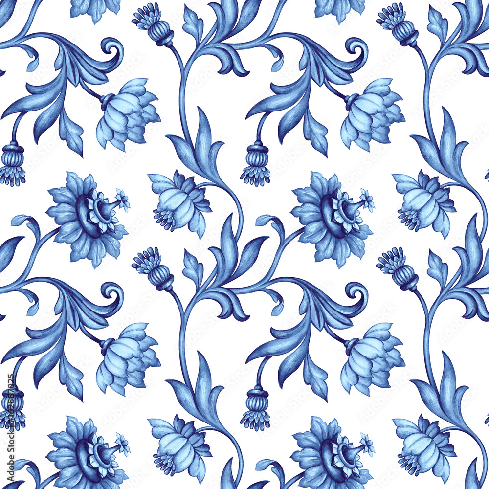 seamless floral pattern, medieval background, watercolor hand painted